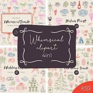 4-in-1 grillige clipartbundel | Frames, strikken, Italiaans feest, bruiloft en kerst SVG-collectie, krabbelillustratie voor uitnodiging feest