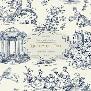 Clipart Toile de Jouy blu / Motivi floreali francesi vintage / Modello digitale senza cuciture della fattoria parigina PNG / Scrapbooking e diario spazzatura