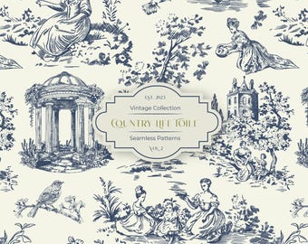 Blue Toile de Jouy Clipart | Vintage French Floral Patterns | Parisian Farmhouse Digital Seamless Pattern PNG | Scrapbooking & Junk Journal