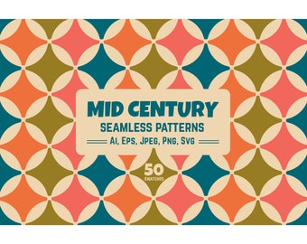 Mid Century Digital Papers, Retro Seamless Pattern, 50s 60s Vintage Scrapbook Paper, Printable Abstract Vector Set Backgrounds, Jpeg Png Eps