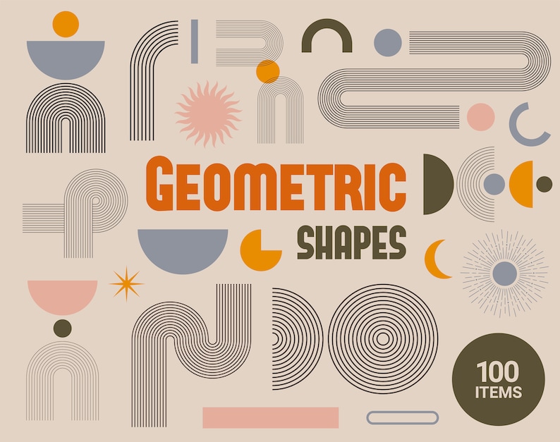 Puede incluir: Un conjunto de 100 formas geom&eacute;tricas en varios colores, incluyendo naranja, azul, rosa y marr&oacute;n. Las formas son simples y modernas, con un toque retro. El texto "Geometric Shapes" se muestra en letras naranjas.