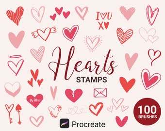 May include: A set of 100 Procreate heart stamps for digital art. The stamps feature a variety of hearts in different styles, including simple, outlined, and filled hearts. The text "Hearts Stamps" is written in a decorative font. The text "100 Brushes" is written in a circle.