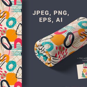 May include: A seamless pattern with abstract shapes in bright colors like pink, yellow, blue, green, and red on a cream background. The pattern includes circles, squares, triangles, and lines. The pattern is shown as a rolled up fabric and as a flat design.