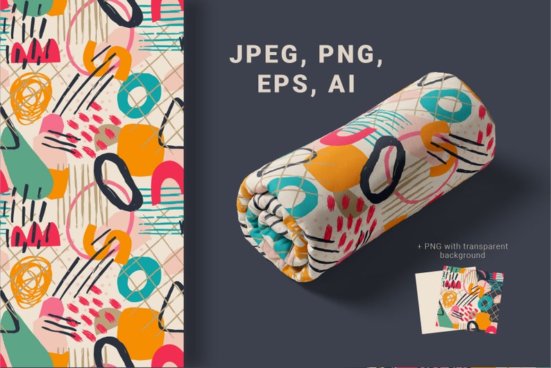 May include: A seamless pattern with abstract shapes in bright colors like pink, yellow, blue, green, and red on a cream background. The pattern includes circles, squares, triangles, and lines. The pattern is shown as a rolled up fabric and as a flat design.