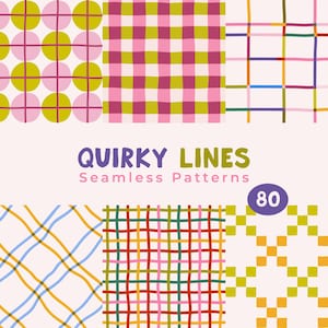 以下が含まれることがあります： カラフルで風変わりなラインデザインの8つのシームレスパターン。パターンには、ピンク、緑、黄色、青、オレンジの色合いの円、チェック柄、グリッドレイアウトが含まれています。「QUIRKY LINES Seamless Patterns」というテキストが表示されています。