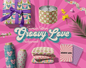 40 Groovy Love Digital Papiere, Retro Musterdesign, 70er 60er Jahre Vintage Scrapbook Papier, druckbare abstrakte Herzen Hintergründe, Jpeg Png Eps