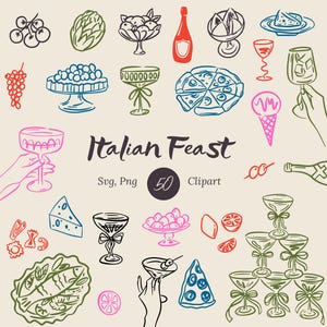 Italienisch Clipart | Handgezeichnete Italien Illustration mit Essen & Trinken | Mediterran Doodle Party Einladungen | Bearbeitbares Canva Whimsical Design