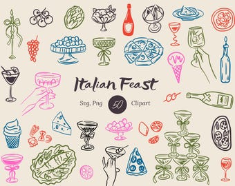 Italian Clipart | Hand-Drawn Italy Illustration with Food & Drink | Mediterranean Doodle Party Invitations | Editable Canva Whimsical Design