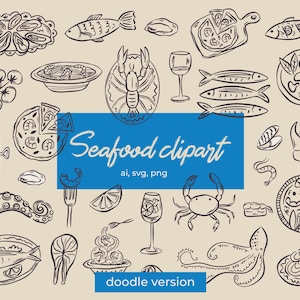 Imágenes prediseñadas de comida italiana caprichosa / Pizza, pasta y mariscos dibujados a mano, paella SVG / Ilustración de cena mediterránea para menús y eventos