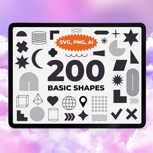 Op de afbeelding: Een tabletscherm waarop een verzameling van 200 basisvormen in zwart-wit wordt weergegeven. De tekst "SVG, PNG, AI" en "200 BASISVORMEN" is zichtbaar op het scherm.
