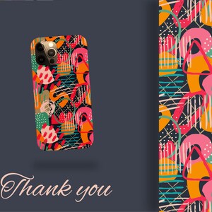 May include: A colorful phone case with an abstract geometric pattern in shades of pink, orange, green, blue, and yellow. The case has a black background and features a variety of shapes and lines.