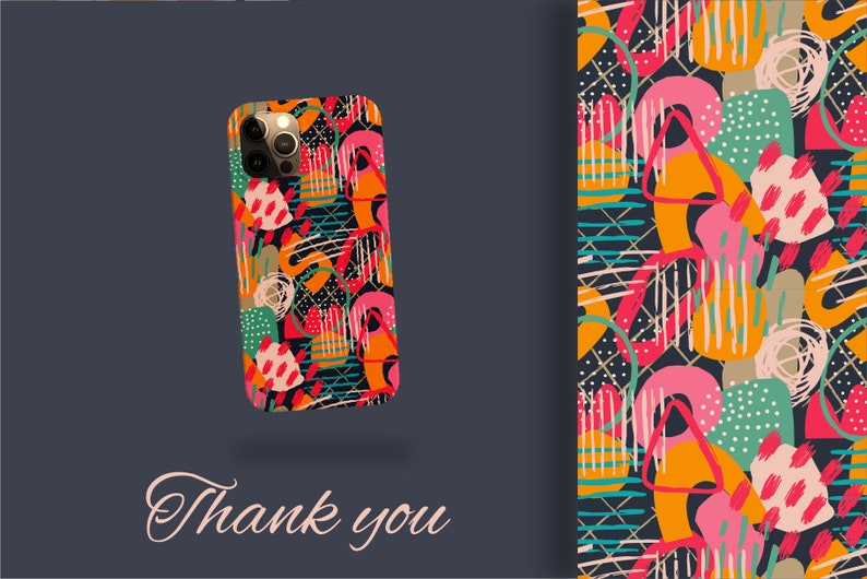 May include: A colorful phone case with an abstract geometric pattern in shades of pink, orange, green, blue, and yellow. The case has a black background and features a variety of shapes and lines.