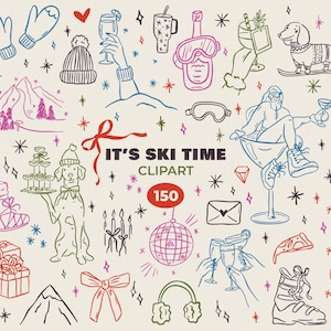 Puede incluir: Colección de ilustraciones dibujadas a mano con temática invernal en rojo, verde, azul y rosa. La imagen incluye equipos de esquí, un perro, cócteles y el texto "IT'S SKI TIME CLIPART 150".