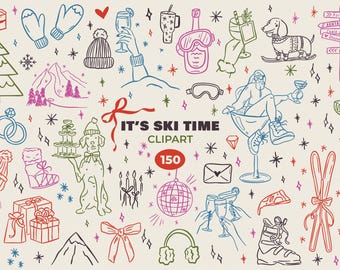 Skiing & Après Ski Clipart Bundle | Whimsical Hand Drawn Png Skier Girl in Martini, Winter Canva Editable Party Invitation SVG Graphics
