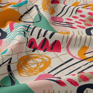 May include: Abstract geometric pattern fabric with a white background and colorful shapes in shades of orange, pink, green, blue, and black.