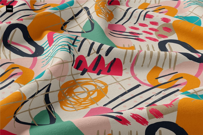 May include: Abstract geometric pattern fabric with a white background and colorful shapes in shades of orange, pink, green, blue, and black.