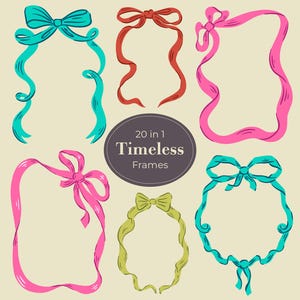 Cadre avec noeud intemporel SVG et PNG | Clipart ruban dessiné main Coquette pour faire-part de mariage | Bordure originale ondulée fantaisiste modifiable sur Canva
