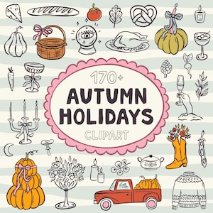 Whimsical Autumn Clipart Bundle | Doodle Pumpkins, Cozy Fall SVGs, Thanksgiving & Halloween Line Art for Canva and Invitations