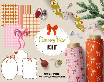 Charming Festive Kit | Whimsical Christmas Frames, Bows, Seamless Patterns, Hand Drawn Clipart for Invitations & Canva Color Editable Svg