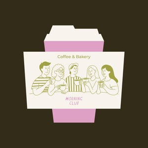 Pu&ograve; includere: Un design di tazza da caff&egrave; rosa e bianco con un'etichetta color crema con un disegno a tratto di cinque persone che tengono tazze di caff&egrave;. Il testo sull'etichetta recita "Coffee & Bakery" e "Morning Club."