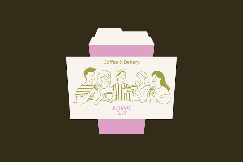 Pu&ograve; includere: Un design di tazza da caff&egrave; rosa e bianco con un'etichetta color crema con un disegno a tratto di cinque persone che tengono tazze di caff&egrave;. Il testo sull'etichetta recita "Coffee & Bakery" e "Morning Club."