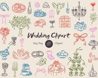 Hochzeit Clipart | Handgezeichnetes italienisches SVG & PNG | Champagner Turm Mediterran Essen Icons für Einladungen | Bearbeitbare Illustration in Canva