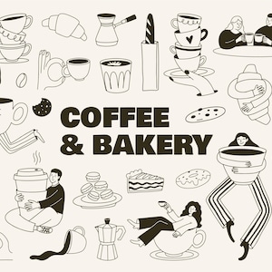 Könnte beinhalten: Schwarz-Weiß-Illustration mit den Worten "Coffee & Bakery". Das Bild zeigt verschiedene Kaffee- und Backwaren. Es gibt Kaffeetassen, Croissants, Kekse und Menschen, die mit den Artikeln interagieren. Der Stil ist einfach und cartoonartig.