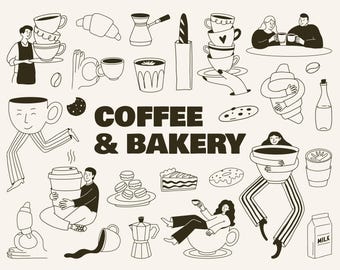 Kaffee & Konditorei Clipart | Niedliche Hand gezeichnete Doodles, Barista, Croissant, Kuchen Png und SVG Icons, Illustrationen für Menü und Branding