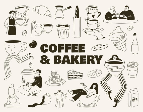 Coffee & Bakery Clipart Bundle | Cute Hand Drawn Doodles, Barista, Croissant, Cake Png and Svg Icons, Illustrations for Menu and Branding