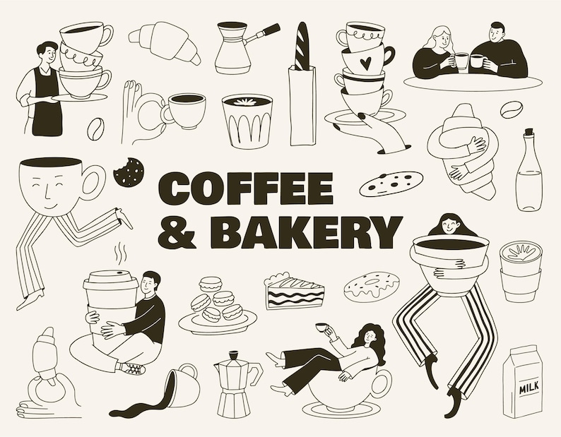 Pu&ograve; includere: Illustrazione in bianco e nero con le parole "Coffee & Bakery". L'immagine presenta vari articoli di caff&egrave; e panetteria. Include tazze di caff&egrave;, croissant, biscotti e persone che interagiscono con gli articoli. Lo stile &egrave; semplice e a cartoni animati.
