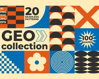 Geometrisches digitales Papier svg, Neo Geo Scrapbookpapier Jpg, lebendiger Hintergrund, Brutalismus digitales Papierpaket, Vektor Ai Eps, abstraktes Bauhaus