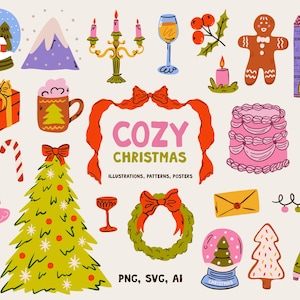 Peut inclure: Ensemble d'illustrations de Noël comprenant un globe de neige, un sapin décoré, un bonhomme en pain d'épices, un gâteau et un pull de fête. Le texte "COZY CHRISTMAS" est affiché avec les mots "ILLUSTRATIONS, PATTERNS, POSTERS".