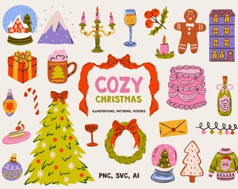 Whimsical Christmas Clipart | Hand-Drawn Xmas Icons, Cozy Winter PNG, Canva SVG for Weddings & Holiday Invites
