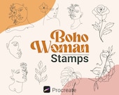 72 Women and Floral Tattoo Stamps, Procreate Line Art Woman body, Boho Brushset, Bohemian Collection, Female line art face stamps procreate
