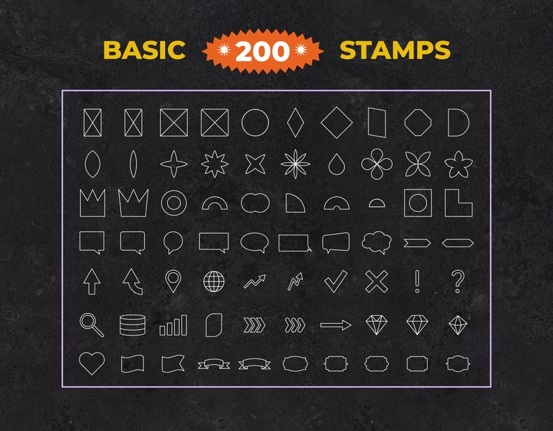 Puede incluir: Un conjunto de 200 sellos b&aacute;sicos de contorno blanco. Los sellos incluyen formas, s&iacute;mbolos e iconos. Los sellos est&aacute;n dispuestos en una cuadr&iacute;cula sobre un fondo negro.