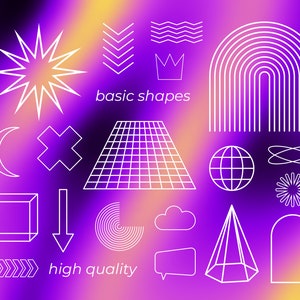 Puede incluir: Un conjunto de formas geom&eacute;tricas blancas en contorno sobre un fondo degradado morado y amarillo. Las formas incluyen una estrella, una luna creciente, una cruz, una flecha, un c&iacute;rculo, un cuadrado, una nube, un globo de di&aacute;logo, y m&aacute;s. El texto "formas b&aacute;sicas" y "alta calidad" tambi&eacute;n est&aacute; incluido.