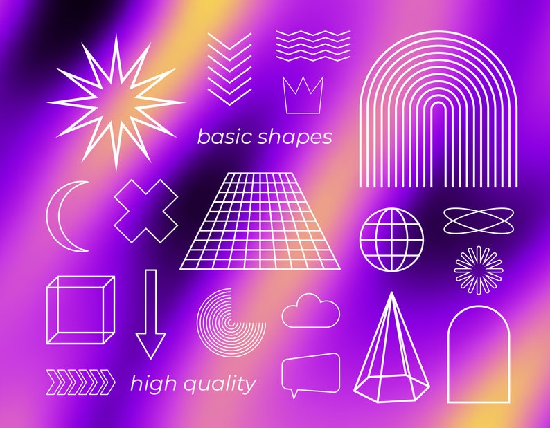 Puede incluir: Un conjunto de formas geom&eacute;tricas blancas en contorno sobre un fondo degradado morado y amarillo. Las formas incluyen una estrella, una luna creciente, una cruz, una flecha, un c&iacute;rculo, un cuadrado, una nube, un globo de di&aacute;logo, y m&aacute;s. El texto "formas b&aacute;sicas" y "alta calidad" tambi&eacute;n est&aacute; incluido.
