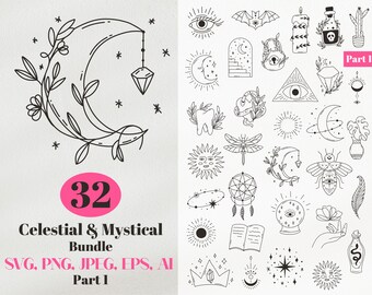 Mystical Celestial SVG Bundle: Mond, Schädel, Floral (Digitale Dateien)