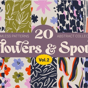 20 Flower and Spots Digital Papers, Vibrant Seamless Pattern, Hand Draw Scrapbook Paper, Printable Abstract Shapes Backgrounds, Jpeg Png Eps