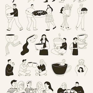 Pu&ograve; includere: Illustrazione in bianco e nero con persone con tazze di caff&egrave;, pasticcini e pane. Alcune figure tengono grandi tazze di caff&egrave;, mentre altre sono sedute al loro interno. L'immagine ha uno stile stravagante e simile a un cartone animato.