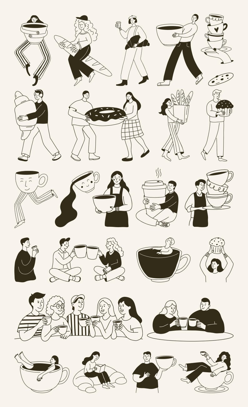 Pu&ograve; includere: Illustrazione in bianco e nero con persone con tazze di caff&egrave;, pasticcini e pane. Alcune figure tengono grandi tazze di caff&egrave;, mentre altre sono sedute al loro interno. L'immagine ha uno stile stravagante e simile a un cartone animato.