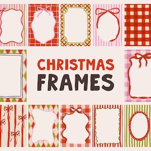 Op de afbeelding: Een verzameling kerstframes in verschillende vormen en patronen. De frames hebben rode, groene en roze kleuren met strik- en ruitontwerpen. De tekst "CHRISTMAS FRAMES" wordt in rood en bruin weergegeven.