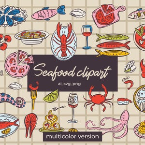 Whimsical Seafood Clipart | Pizza desenhada à mão e comida italiana SVG | Ilustração de jantar mediterrâneo para menus, decoração de casamento, pôster de café