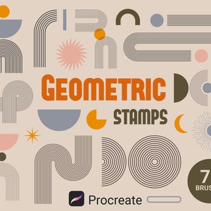 May include: 75 geometric stamp brushes for Procreate app. The brushes are in a variety of shapes and sizes, including circles, squares, and triangles. The brushes are in black and white, with a few pops of color.