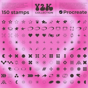 150 Aesthetic Y2k Stamps for Procreate,  Futuristic Line Art Brushes, Heart, Stars shapes, Basic Brushes, 3d Silhouette brush pack