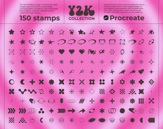 150 Aesthetic Y2k Stamps for Procreate,  Futuristic Line Art Brushes, Heart, Stars shapes, Basic Brushes, 3d Silhouette brush pack
