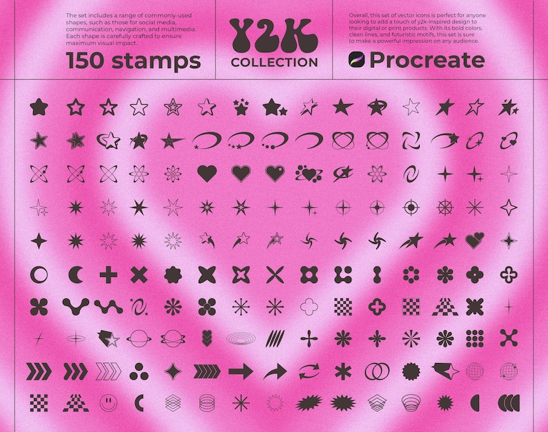 150 Aesthetic Y2k Stamps for Procreate, Futuristic Line Art Brushes, Heart, Stars shapes, Basic Brushes, 3d Silhouette brush pack image 1