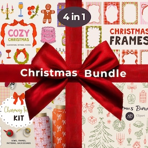 May include: A Christmas bundle with a red ribbon and bow. The bundle includes illustrations, patterns, and frames with the text "Cozy Christmas," "Christmas Frames," and "Charming Fest Kit." The bundle contains 180 clipart elements.