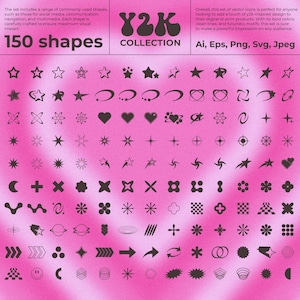150 ästhetische Y2k Formen SVG, 2000er Jahre icon Art Clip Art, Herz, Sternformen, Grundelemente, 3D Silhouette Design Pack, Vektor PNG JPG