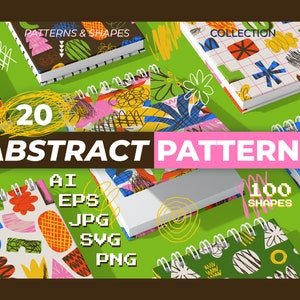 May include: 20 abstract patterns with 100 shapes in a variety of colors and styles. The patterns are displayed on notebook covers with a white background and black spiral binding. The patterns include geometric shapes, lines, and floral designs.
